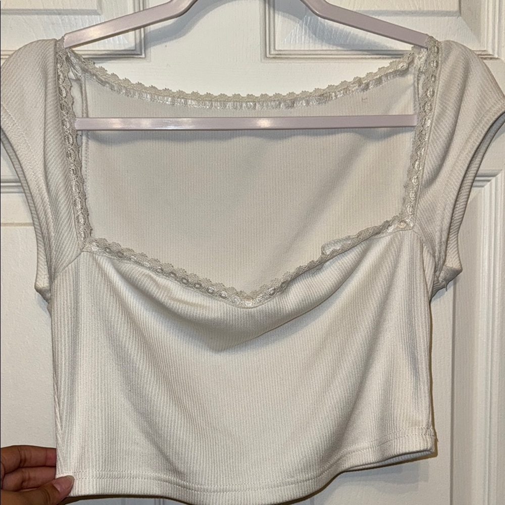 White Lace Trim Ribbed Crop Top